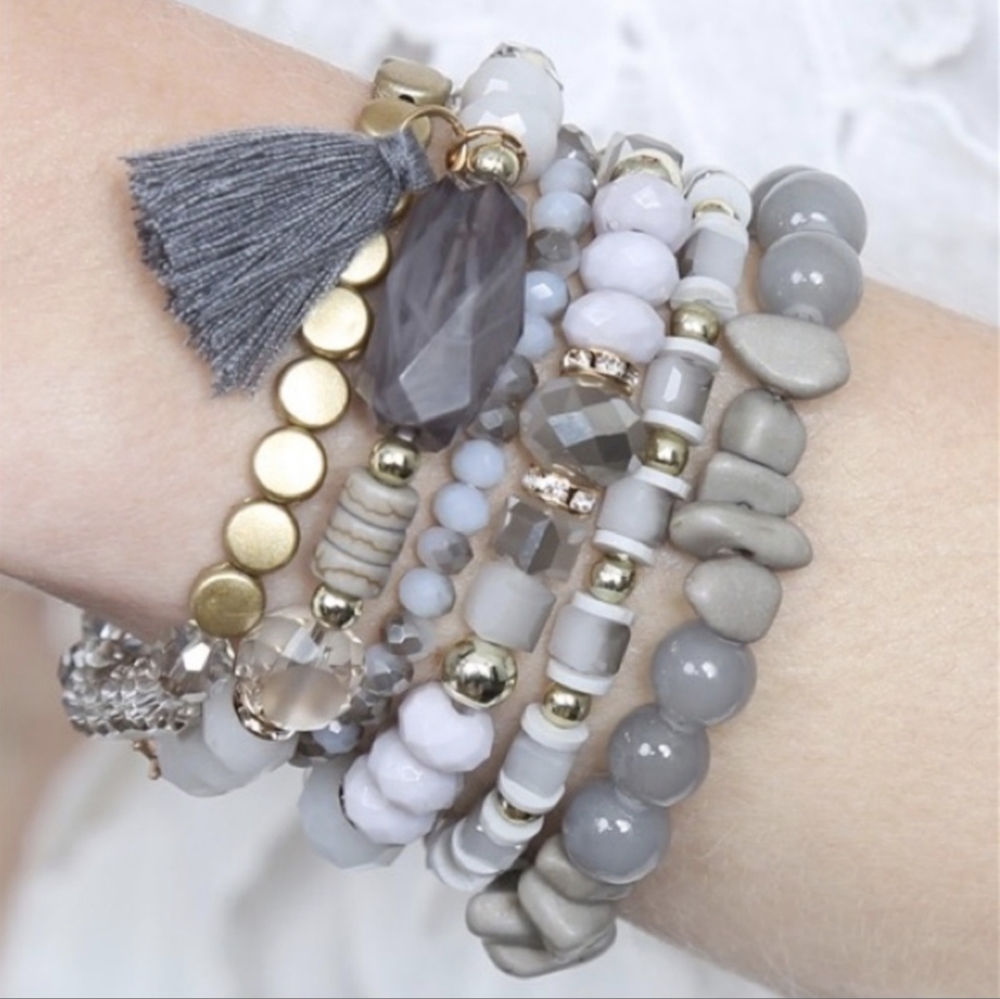 LAST TWO! Beautiful Boho Style Gray & Gold Neutral Toned Stacking Bracelets